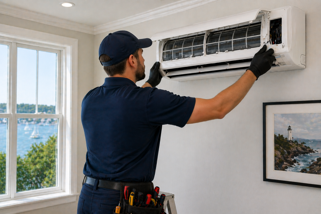 ductless mini split installation in Newport RI by HVAC technician in residential home