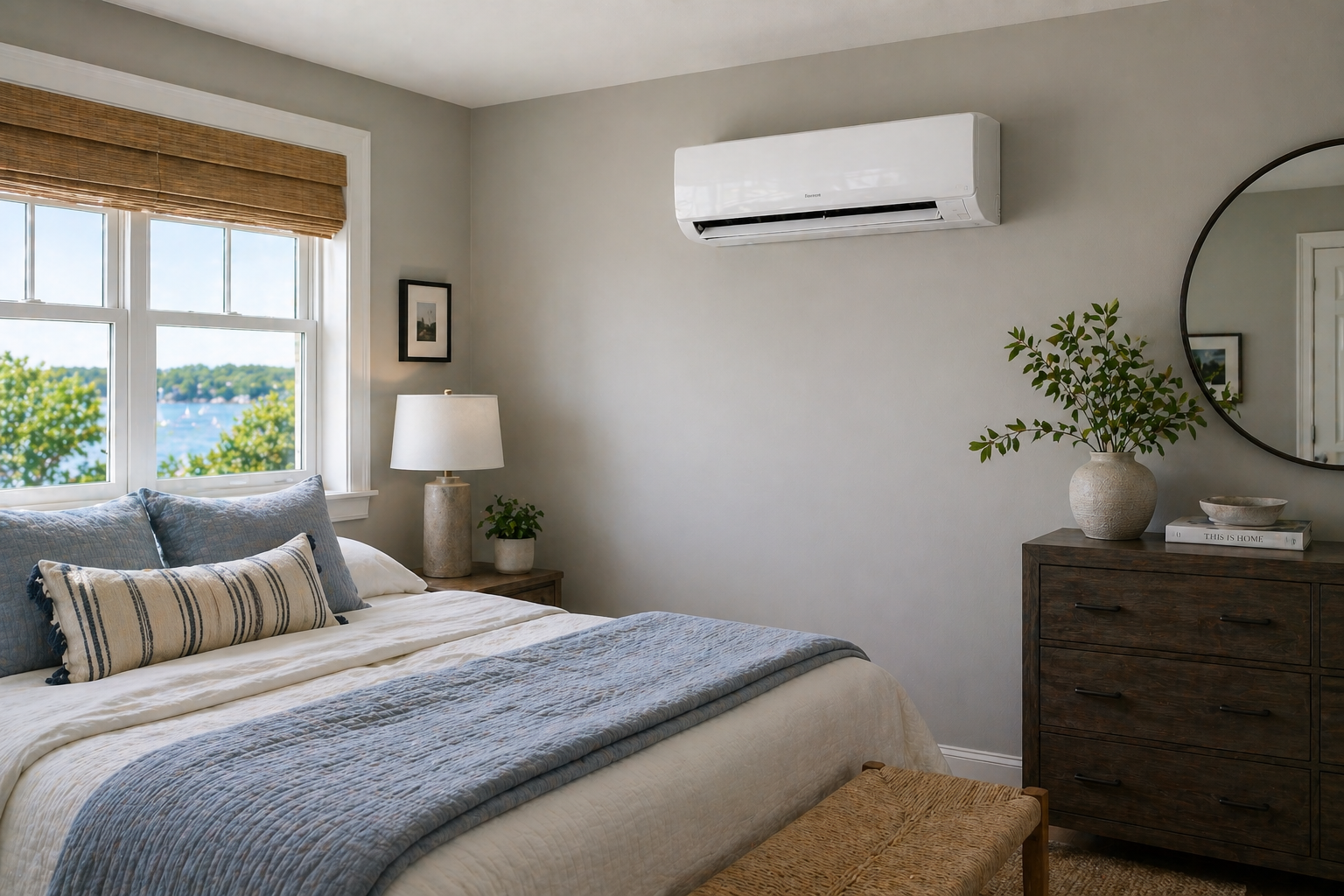 Ductless mini-split indoor unit in a residential room